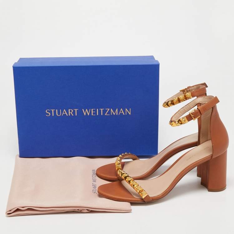 Pre Owned Stuart Weitzman Brown Leather Embellished Ankle Strap Sandals Size 39.5