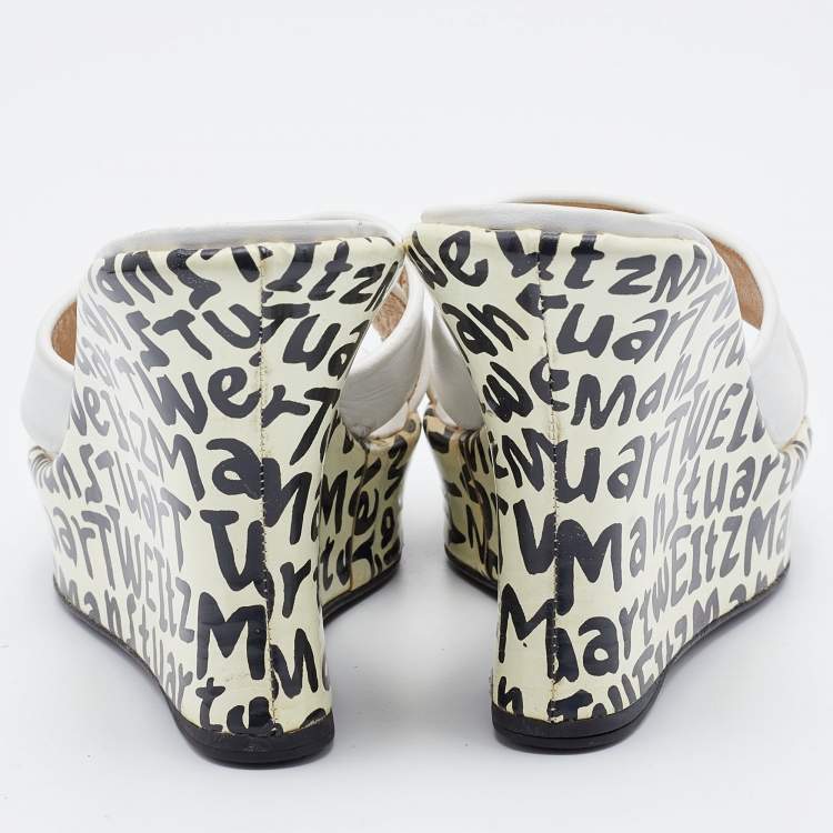 Pre Owned Stuart Weitzman White Leather Criss Cross Platform Slide Sandals Size 37
