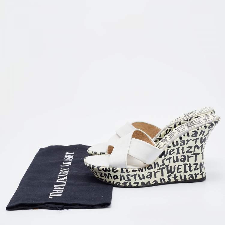 Pre Owned Stuart Weitzman White Leather Criss Cross Platform Slide Sandals Size 37