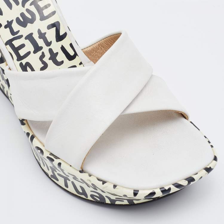 Pre Owned Stuart Weitzman White Leather Criss Cross Platform Slide Sandals Size 37