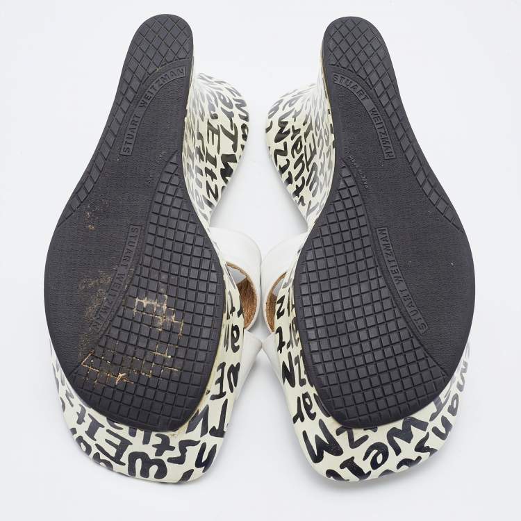 Pre Owned Stuart Weitzman White Leather Criss Cross Platform Slide Sandals Size 37