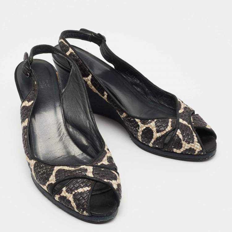 Pre Owned Stuart Weitzman Black/White Raffia Wedge Sandals Size 40