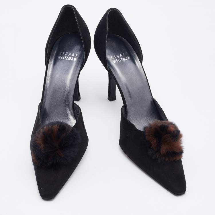 Pre Owned Stuart Weitzman Black Suede Fur Pom Pom D'orsay Pumps Size 37.5