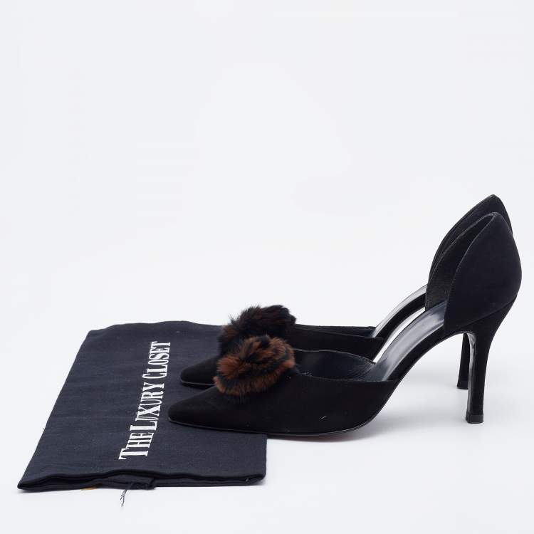 Pre Owned Stuart Weitzman Black Suede Fur Pom Pom D'orsay Pumps Size 37.5