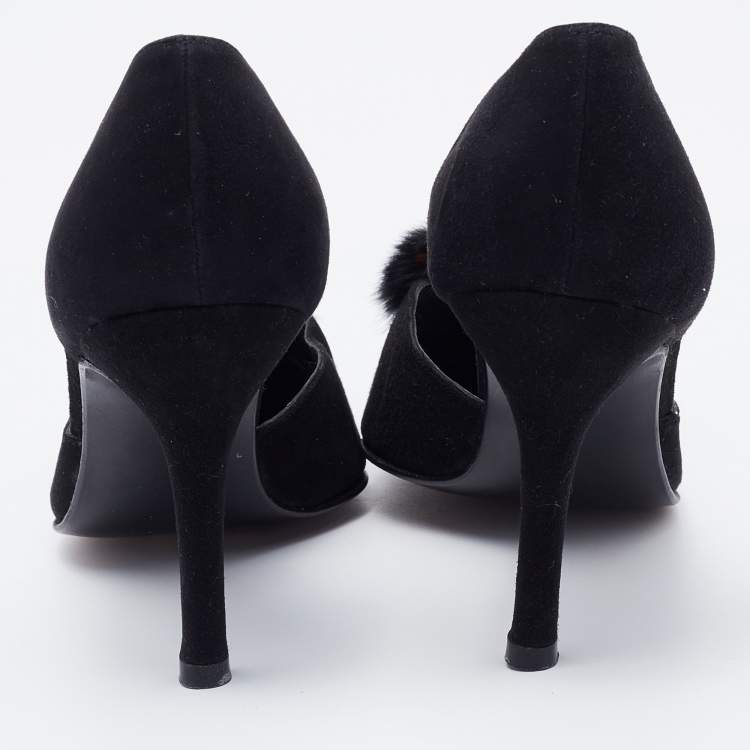 Pre Owned Stuart Weitzman Black Suede Fur Pom Pom D'orsay Pumps Size 37.5