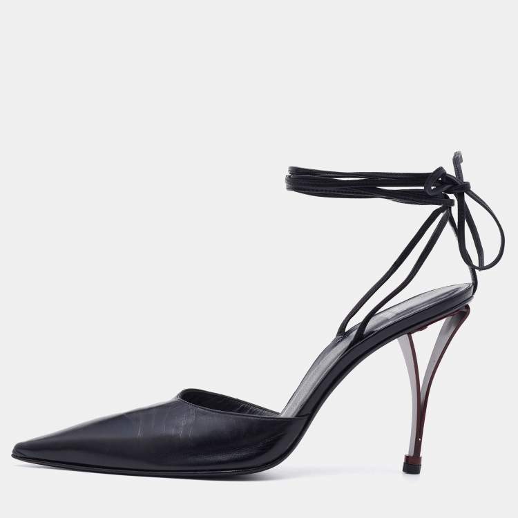 Pre Owned Stuart Weitzman Black Leather Pointed Toe Ankle Wrap Pumps Size 40.5