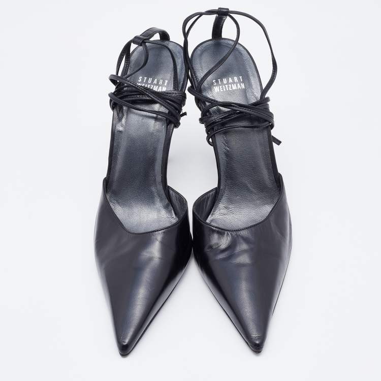 Pre Owned Stuart Weitzman Black Leather Pointed Toe Ankle Wrap Pumps Size 40.5