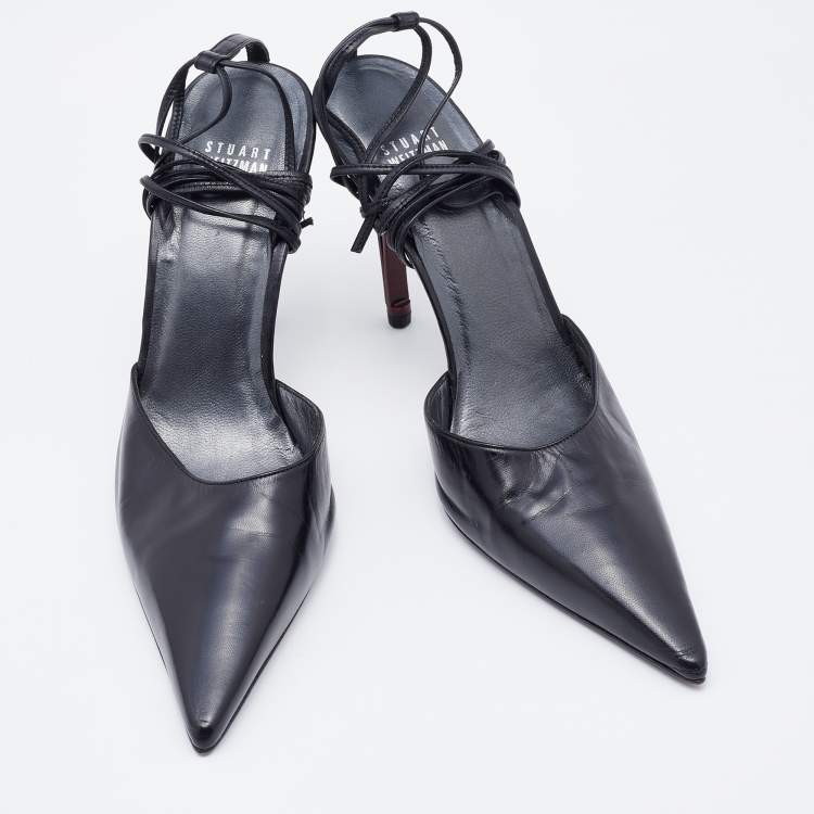 Pre Owned Stuart Weitzman Black Leather Pointed Toe Ankle Wrap Pumps Size 40.5