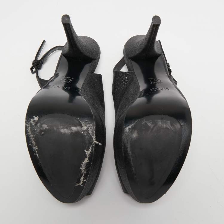 Pre Owned Stuart Weitzman Black Glitter and Leather Peep Toe Slingback Pumps Size 39