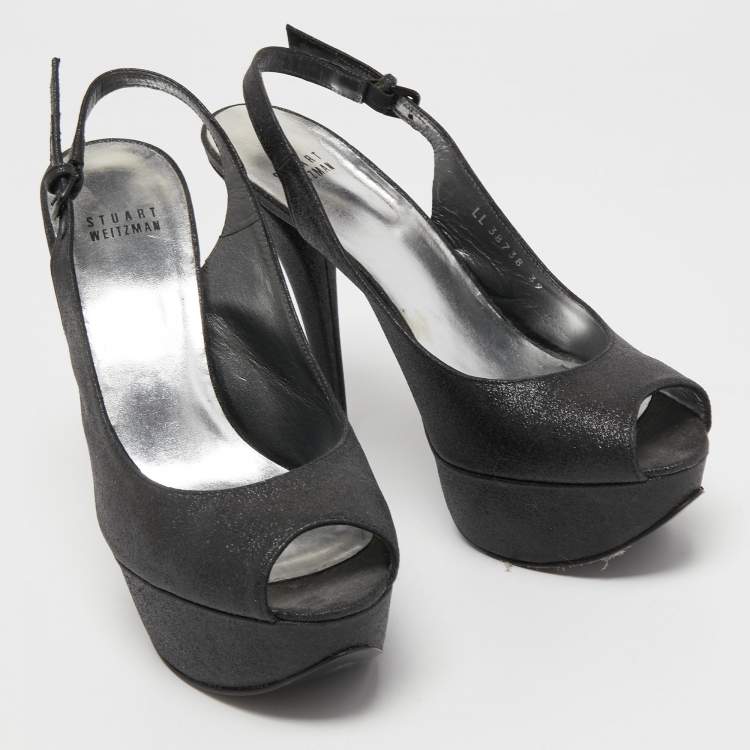 Pre Owned Stuart Weitzman Black Glitter and Leather Peep Toe Slingback Pumps Size 39