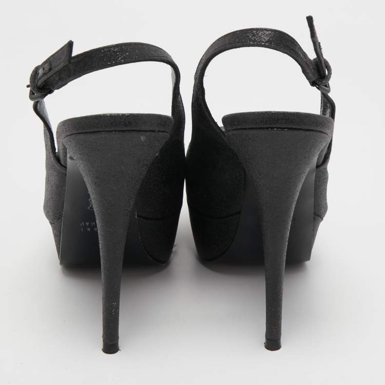 Pre Owned Stuart Weitzman Black Glitter and Leather Peep Toe Slingback Pumps Size 39