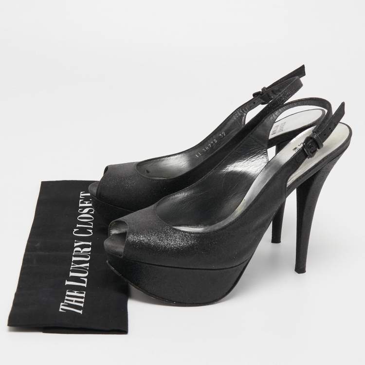 Pre Owned Stuart Weitzman Black Glitter and Leather Peep Toe Slingback Pumps Size 39