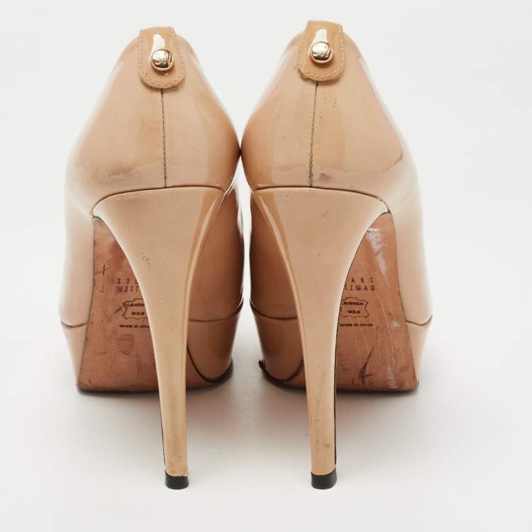 Pre Owned Stuart Weitzman Beige Patent Leather Platform Peep Toe Pumps Size 38 