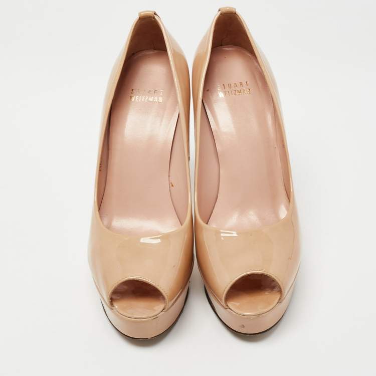 Pre Owned Stuart Weitzman Beige Patent Leather Platform Peep Toe Pumps Size 38 
