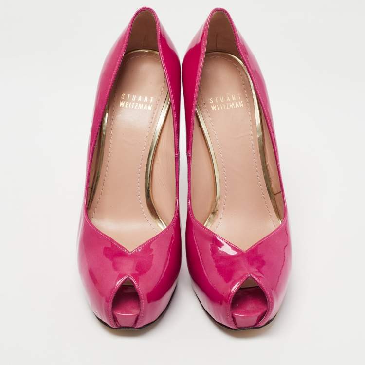 Pre Owned Stuart Weitzman Pink Patent Victoria Peep Toe Platform Pumps Size 38