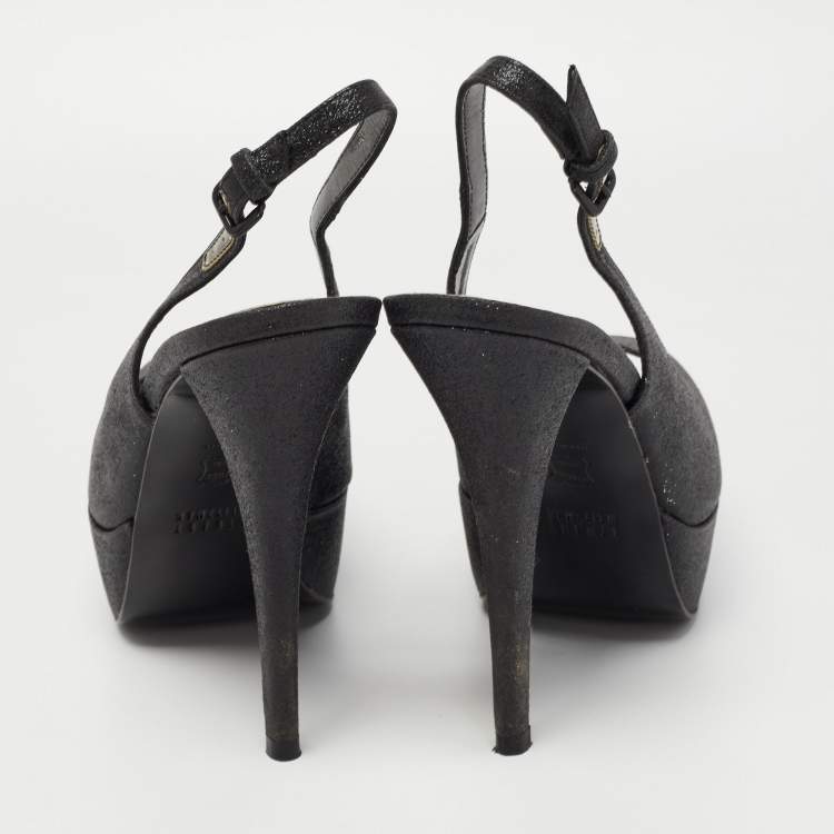 Pre Owned Stuart Weitzman Black Glitter Peep Toe Slingback Platform Pumps Size  38