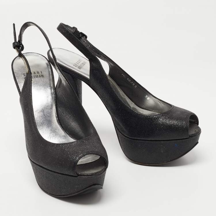 Pre Owned Stuart Weitzman Black Glitter Peep Toe Slingback Platform Pumps Size  38