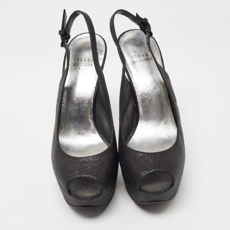 Pre Owned Stuart Weitzman Black Glitter Peep Toe Slingback Platform Pumps Size  38
