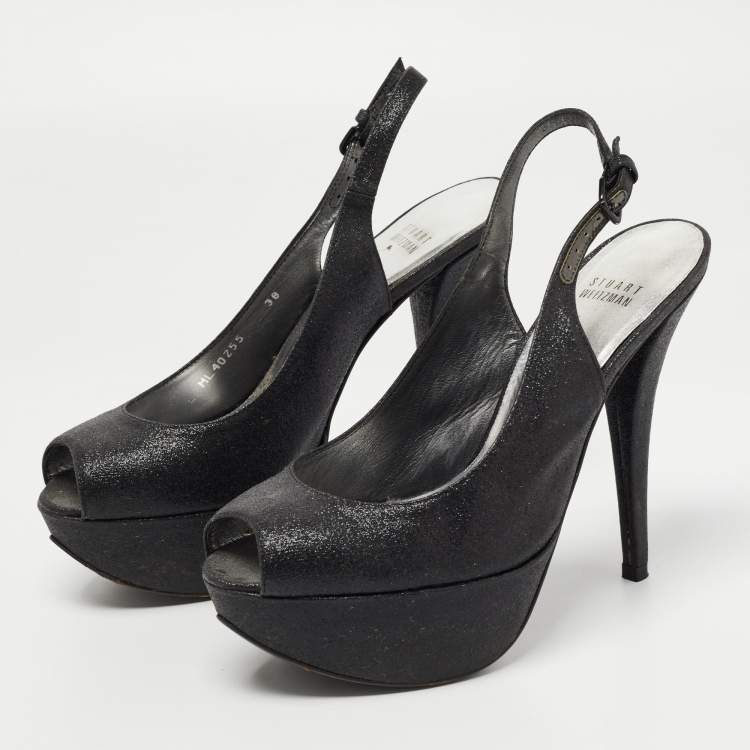 Pre Owned Stuart Weitzman Black Glitter Peep Toe Slingback Platform Pumps Size  38