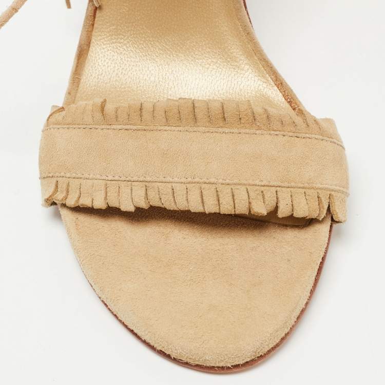 Pre Owned Stuart Weitzman Beige Suede Fringe Ankle Wrap Sandals Size 36