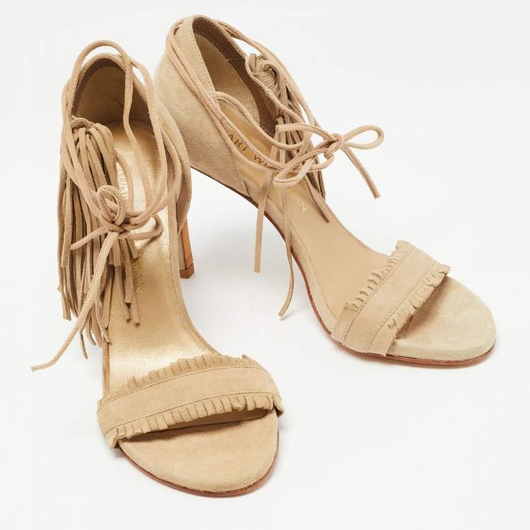 Pre Owned Stuart Weitzman Beige Suede Fringe Ankle Wrap Sandals Size 36