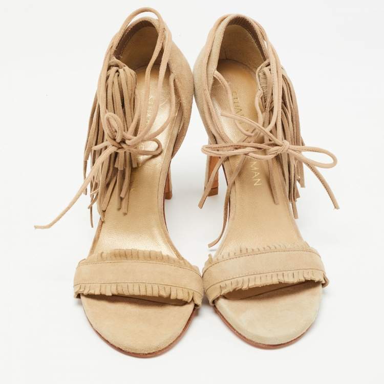 Pre Owned Stuart Weitzman Beige Suede Fringe Ankle Wrap Sandals Size 36