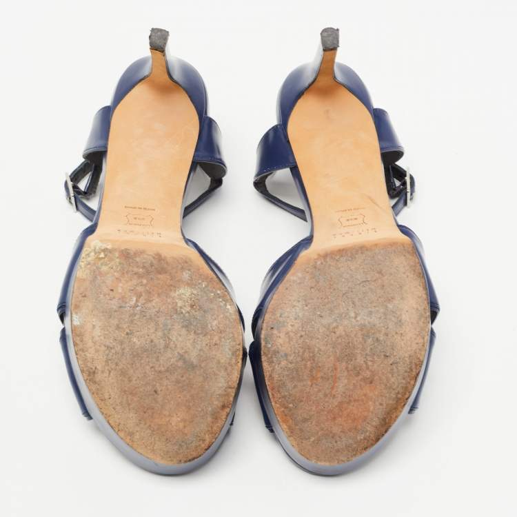 Pre Owned Stuart Weitzman Navy Blue Leather Platform Ankle Strap Sandals Size 36.5