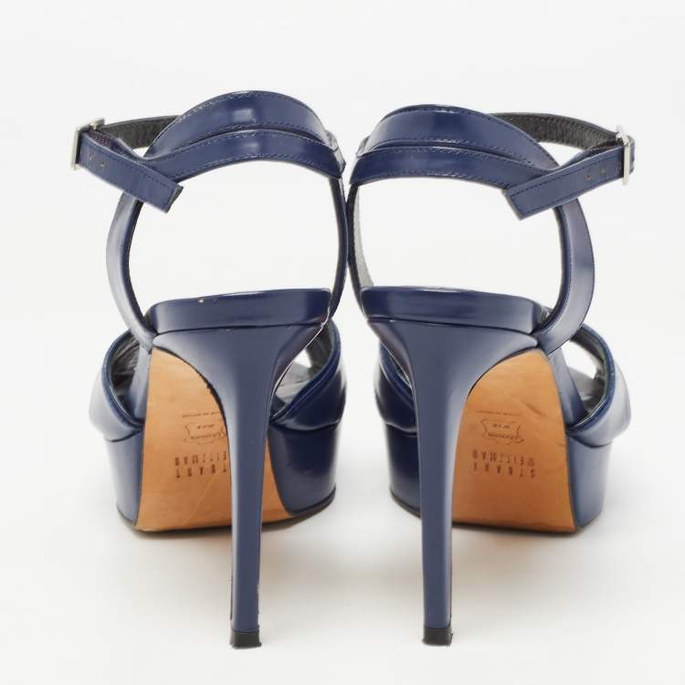 Pre Owned Stuart Weitzman Navy Blue Leather Platform Ankle Strap Sandals Size 36.5