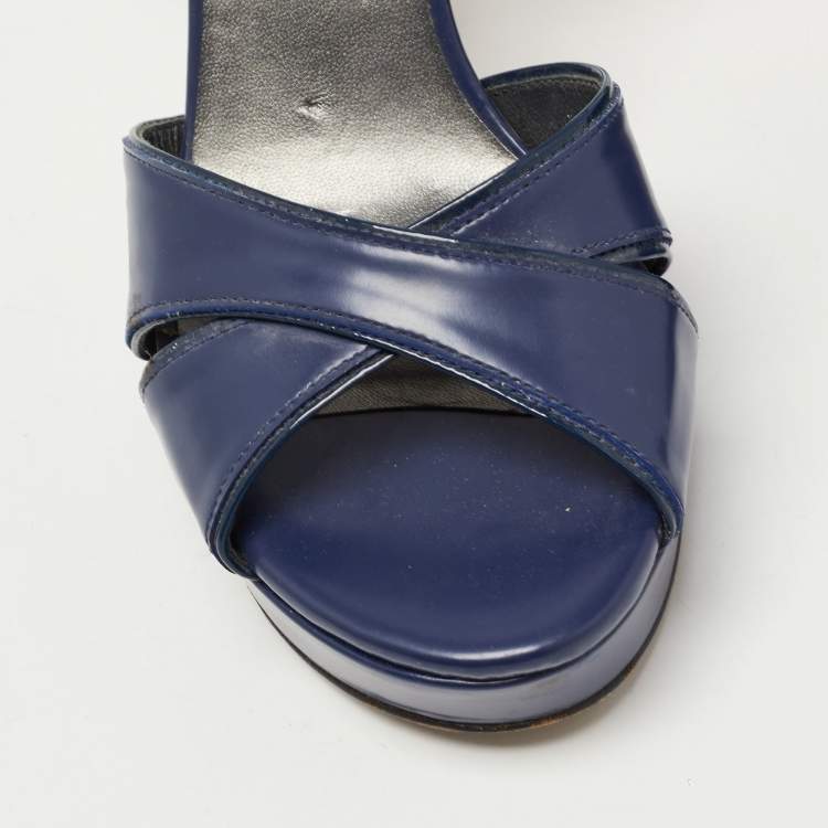 Pre Owned Stuart Weitzman Navy Blue Leather Platform Ankle Strap Sandals Size 36.5