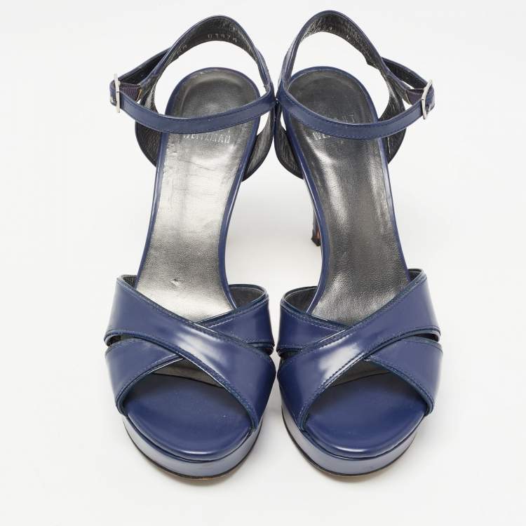 Pre Owned Stuart Weitzman Navy Blue Leather Platform Ankle Strap Sandals Size 36.5