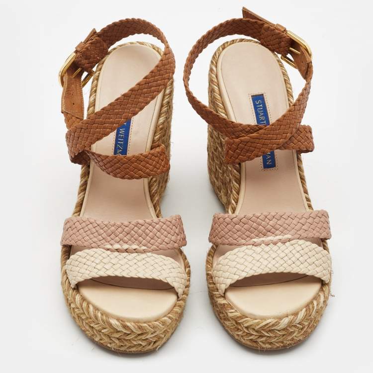 مملوكة مسبقًا Stuart Weitzman Multicolor Woven Leather Wedge Ankle Strap Sandals Size 36.5