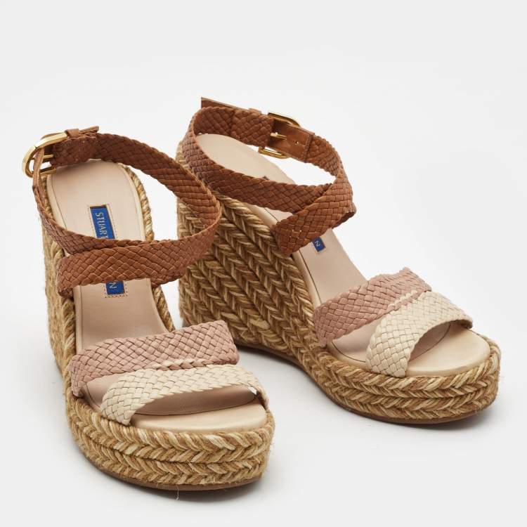 مملوكة مسبقًا Stuart Weitzman Multicolor Woven Leather Wedge Ankle Strap Sandals Size 36.5