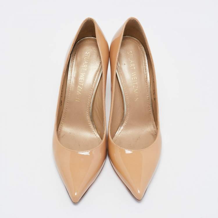 Pre Owned Stuart Weitzman Beige Patent Leather Pointed Toe Pumps Size 36