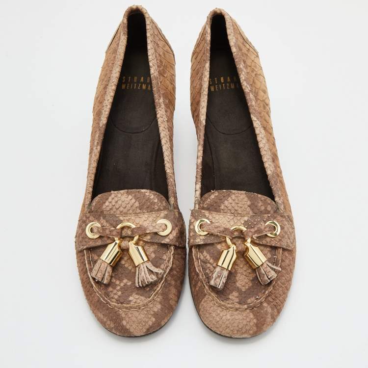 Pre Owned Stuart Weitzman Brown Python Embossed Leather Loafer Pumps Size 38.5