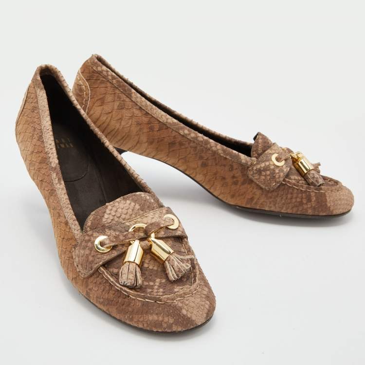 Pre Owned Stuart Weitzman Brown Python Embossed Leather Loafer Pumps Size 38.5