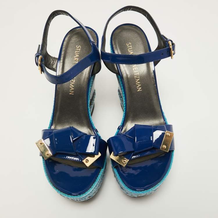 Pre Owned Stuart Weitzman Blue Patent Leather Ankle Strap Wedge Sandals Size 39