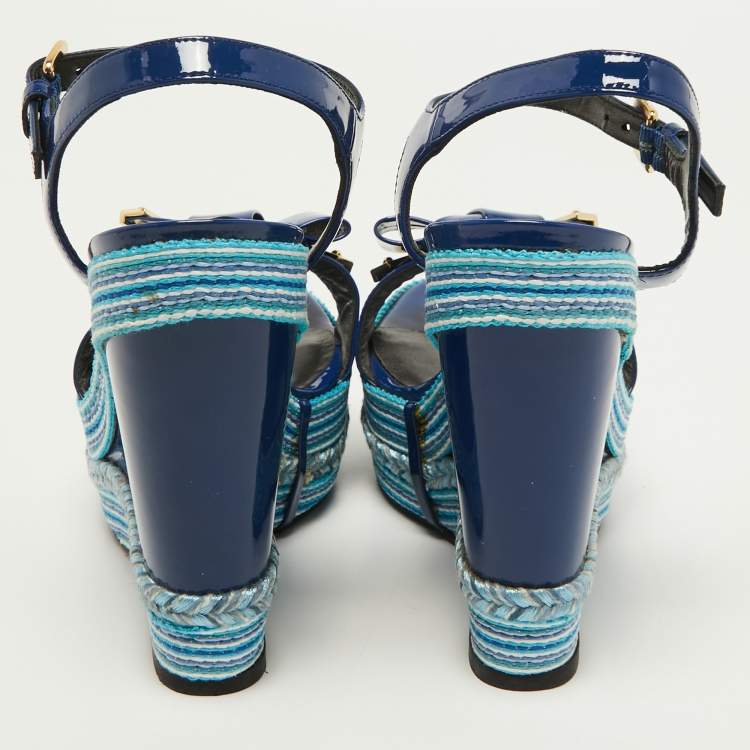Pre Owned Stuart Weitzman Blue Patent Leather Ankle Strap Wedge Sandals Size 39