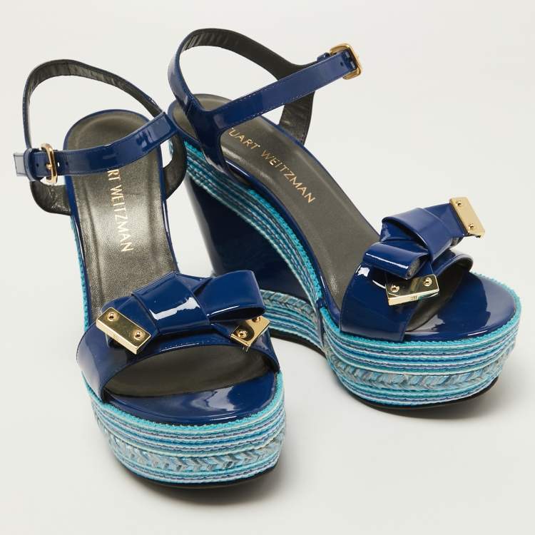 Pre Owned Stuart Weitzman Blue Patent Leather Ankle Strap Wedge Sandals Size 39
