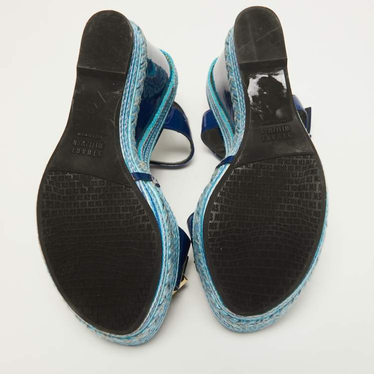 Pre Owned Stuart Weitzman Blue Patent Leather Ankle Strap Wedge Sandals Size 39