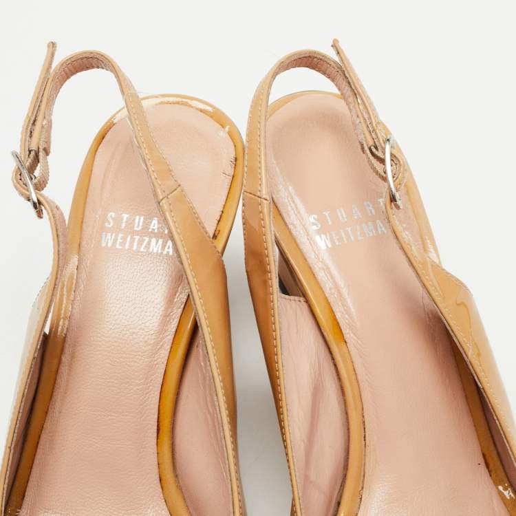 Pre Owned Stuart Weitzman Beige Leather Peep Toe Slingback Wedge Pumps Size 37