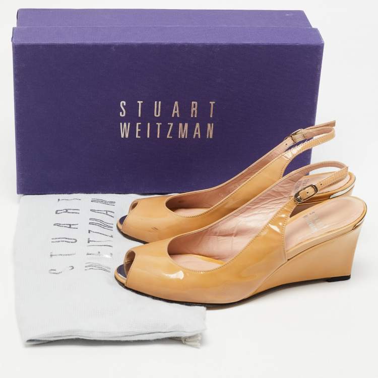 Pre Owned Stuart Weitzman Beige Leather Peep Toe Slingback Wedge Pumps Size 37