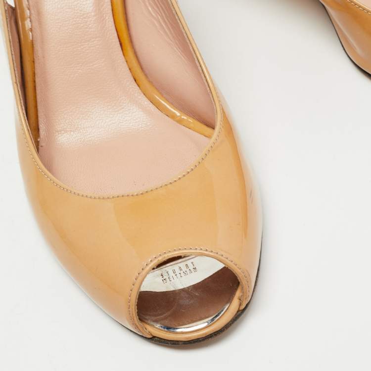 Pre Owned Stuart Weitzman Beige Leather Peep Toe Slingback Wedge Pumps Size 37