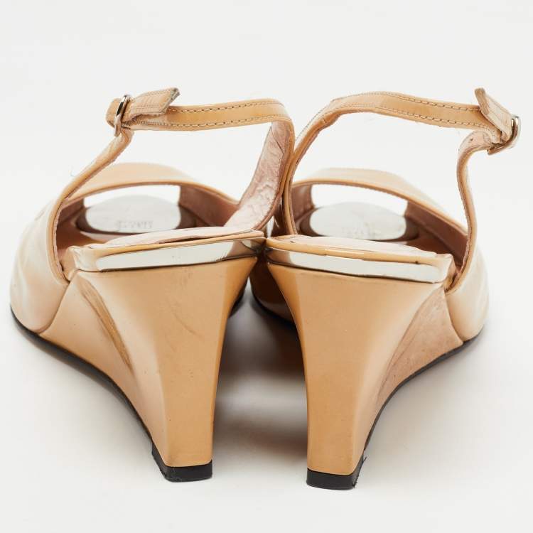 Pre Owned Stuart Weitzman Beige Leather Peep Toe Slingback Wedge Pumps Size 37