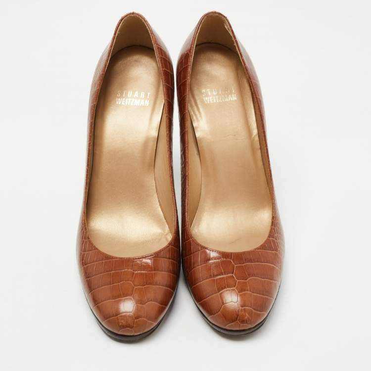 Pre Owned Stuart Weitzman Brown Croc Embossed Leather Platform Pumps Size 38.5