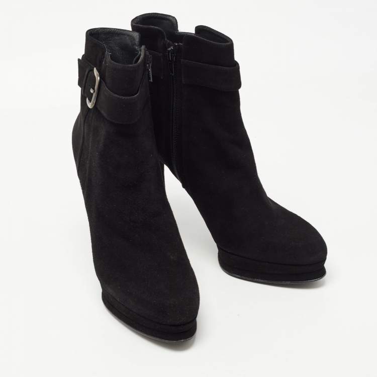 Pre Owned Stuart Weitzman Black Suede Safetybe Ankle Length Boots Size 40