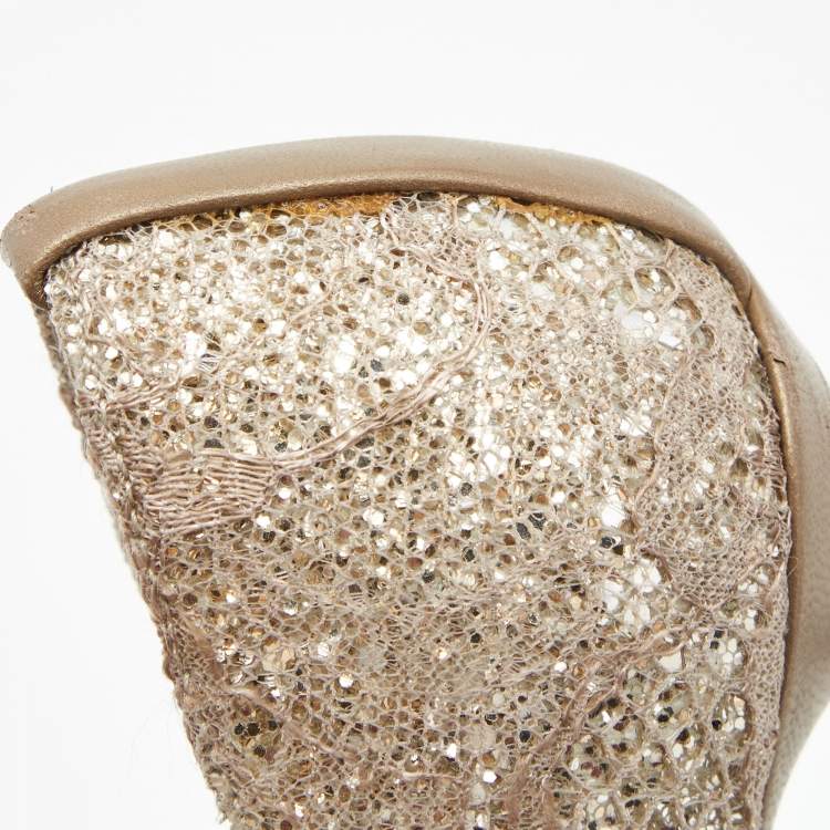 Pre Owned Stuart Weitzman Metallic Bronze/Brown Leather and Glitter Pointed Toe Pumps Size 35