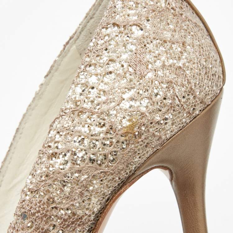 Pre Owned Stuart Weitzman Metallic Bronze/Brown Leather and Glitter Pointed Toe Pumps Size 35