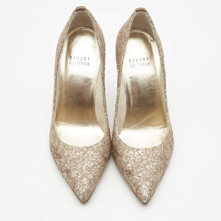 Pre Owned Stuart Weitzman Metallic Bronze/Brown Leather and Glitter Pointed Toe Pumps Size 35