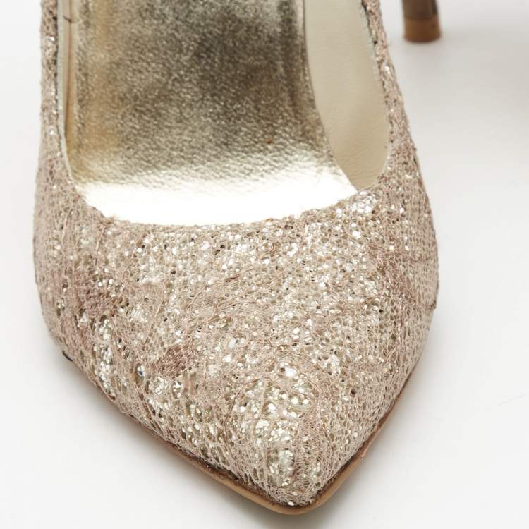 Pre Owned Stuart Weitzman Metallic Bronze/Brown Leather and Glitter Pointed Toe Pumps Size 35