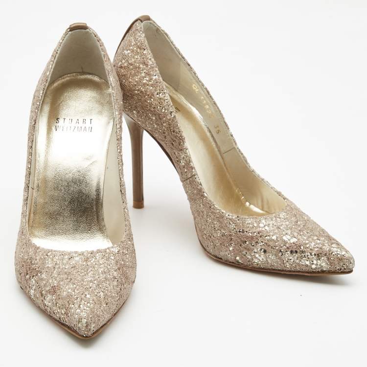 Pre Owned Stuart Weitzman Metallic Bronze/Brown Leather and Glitter Pointed Toe Pumps Size 35